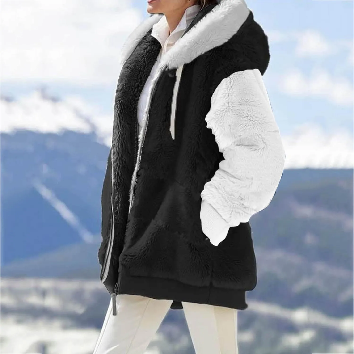 LCMTWX Womens Fuzzy Fleece Jacket Solid Color Artificial Wool Zipper Drawstring Long-Sleeved Hoodie Outerwear with