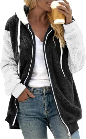 LCMTWX Womens Fuzzy Fleece Jacket Solid Color Artificial Wool Zipper Drawstring Long-Sleeved Hoodie Outerwear with
