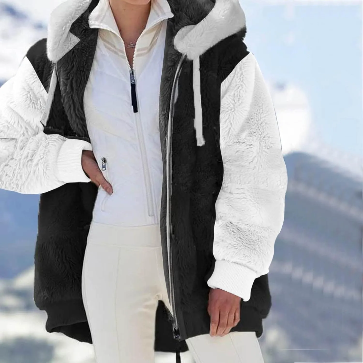 LCMTWX Womens Fuzzy Fleece Jacket Solid Color Artificial Wool Zipper Drawstring Long-Sleeved Hoodie Outerwear with