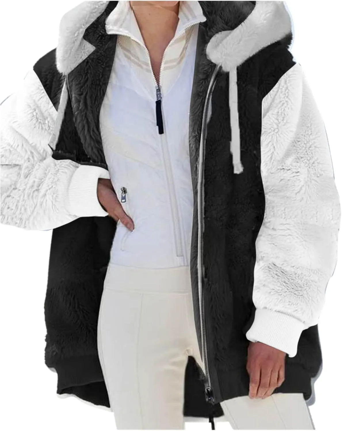 LCMTWX Womens Fuzzy Fleece Jacket Solid Color Artificial Wool Zipper Drawstring Long-Sleeved Hoodie Outerwear with