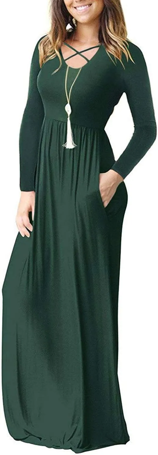 LILBETTER Women's Long Sleeve Loose Plain Maxi Dresses Casual Long Dresses with Pockets