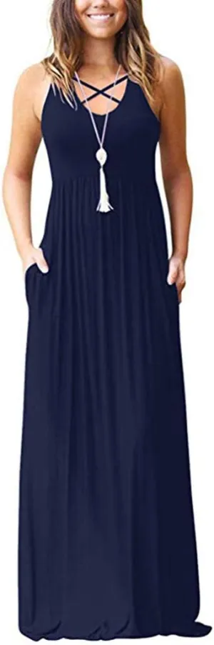 LILBETTER Women's Sleeveless Racerback Loose Plain Maxi Dresses Casual Long Dresses with Pockets