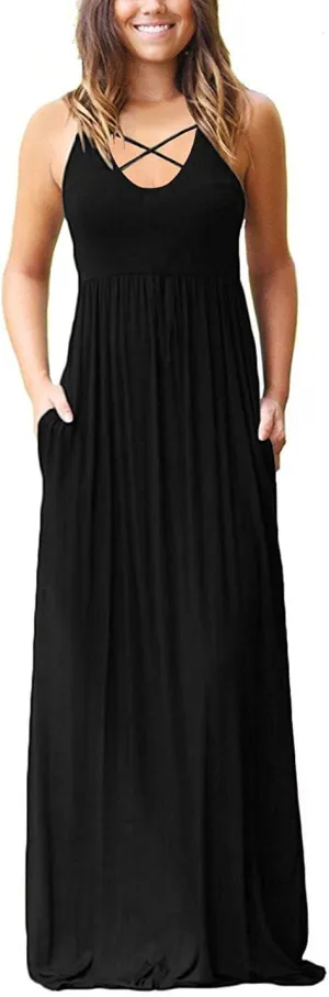 LILBETTER Women's Sleeveless Racerback Loose Plain Maxi Dresses Casual Long Dresses with Pockets