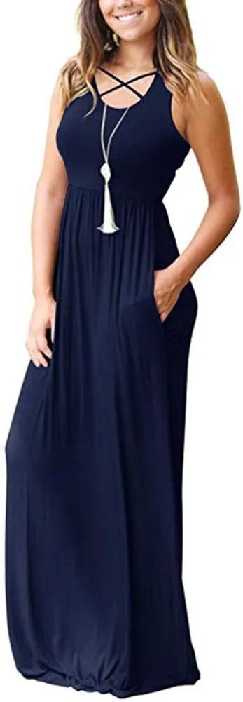 LILBETTER Women's Sleeveless Racerback Loose Plain Maxi Dresses Casual Long Dresses with Pockets