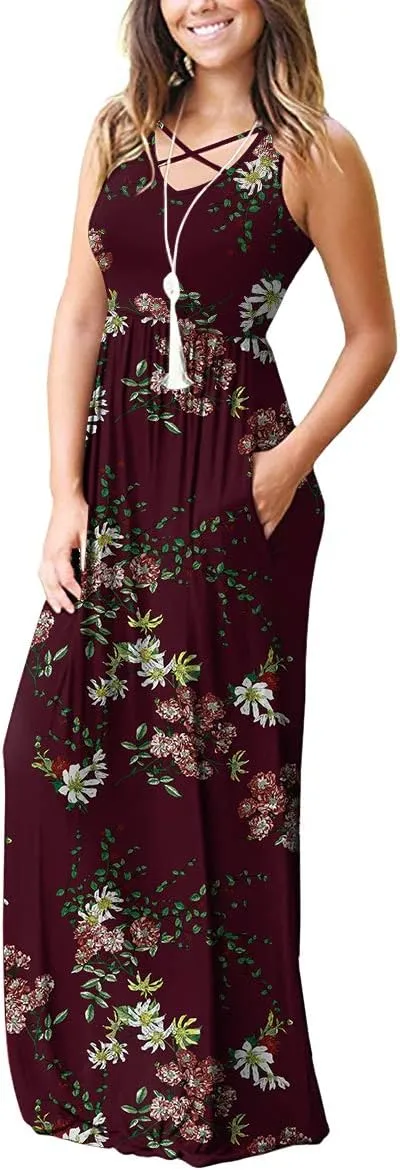 LILBETTER Women's Sleeveless Racerback Loose Plain Maxi Dresses Casual Long Dresses with Pockets