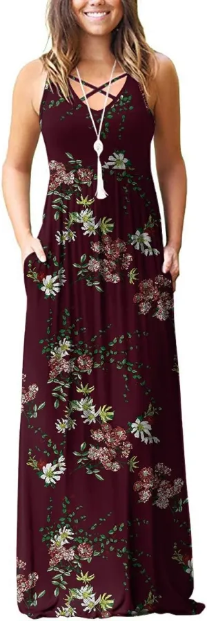 LILBETTER Women's Sleeveless Racerback Loose Plain Maxi Dresses Casual Long Dresses with Pockets