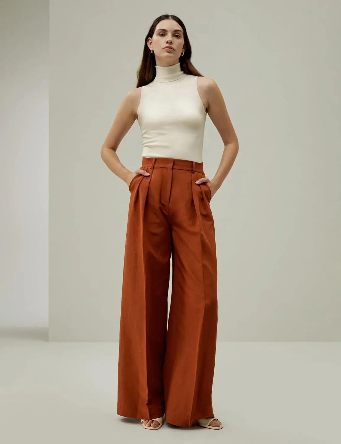 LilySilk Silk-Linen Blend Trousers for Women Silk Pants Wide Leg Front-Pleated Side Pockets Work