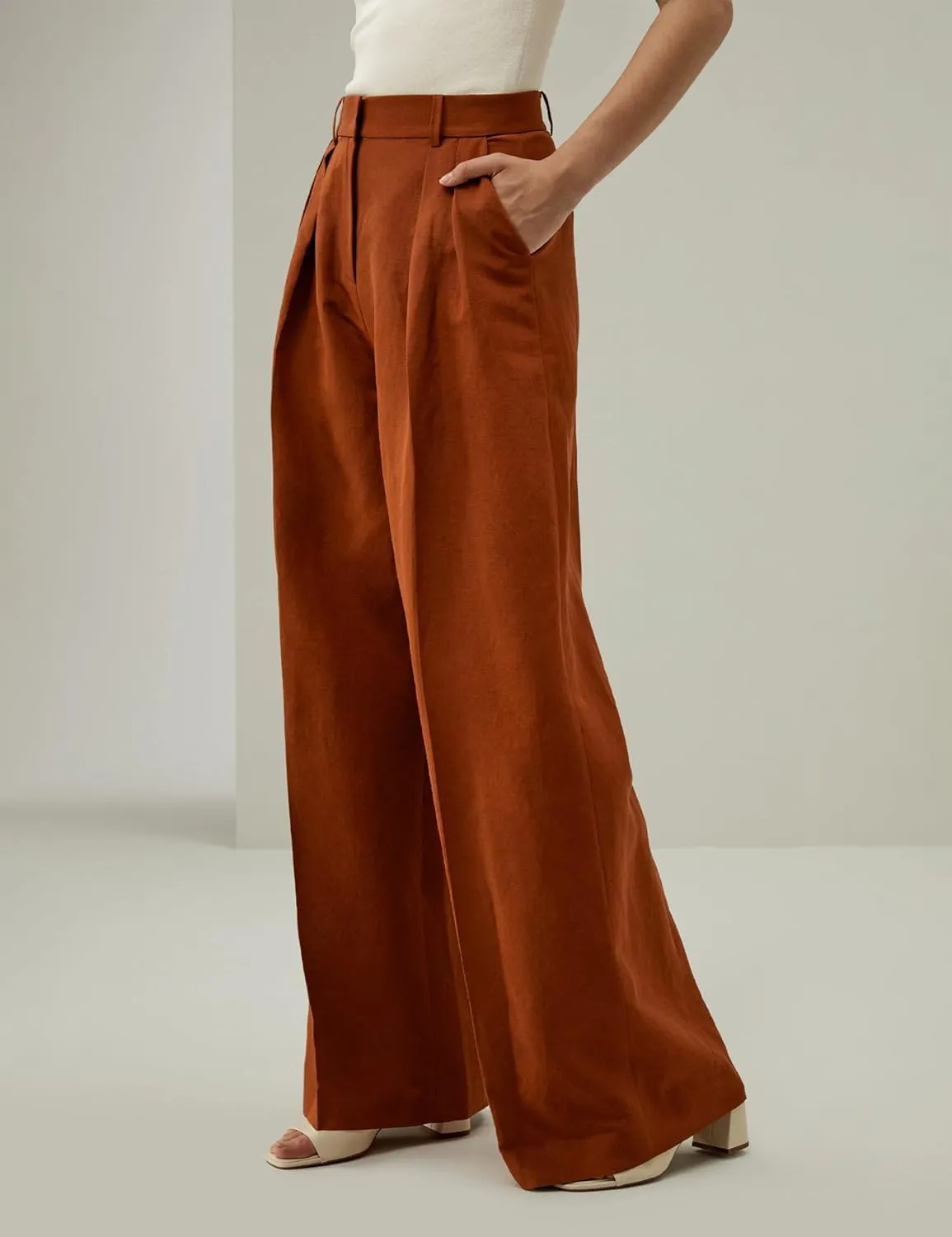 LilySilk Silk-Linen Blend Trousers for Women Silk Pants Wide Leg Front-Pleated Side Pockets Work