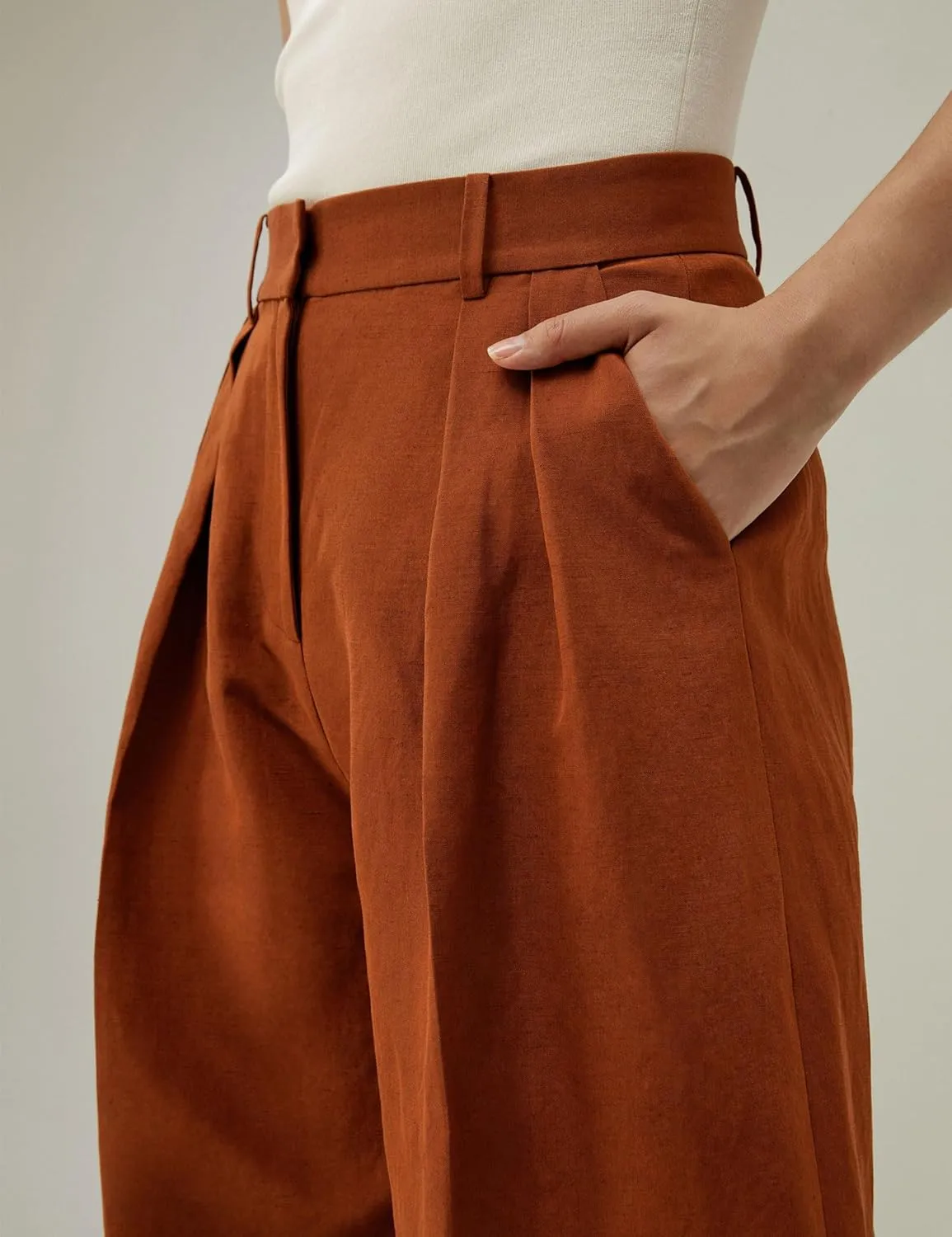 LilySilk Silk-Linen Blend Trousers for Women Silk Pants Wide Leg Front-Pleated Side Pockets Work