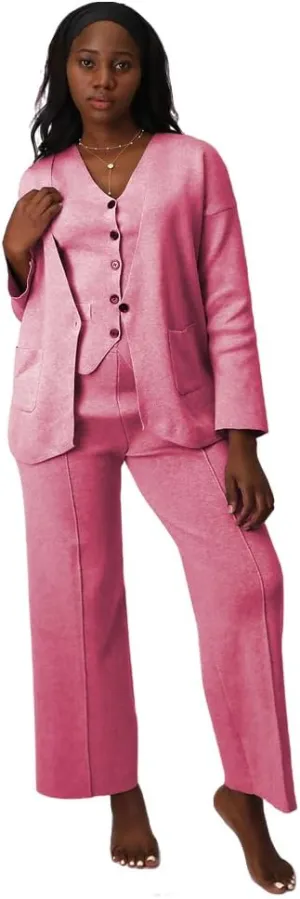 Linen Suit Set Women 3 Piece Blazer Pants Elegant Breasted Jacket Wide Leg Pants Versatile Work Event Attire