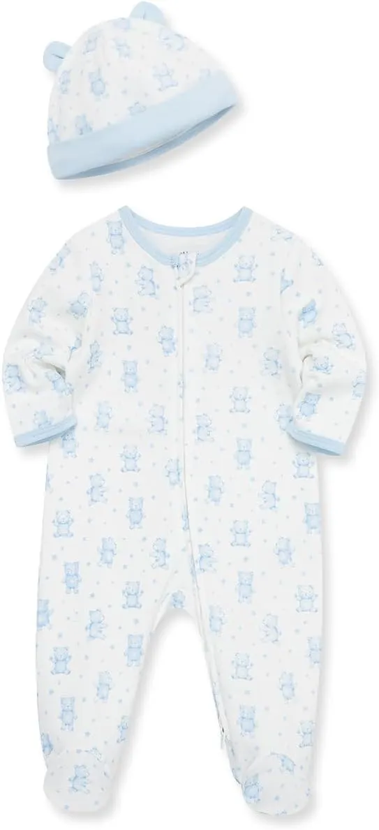 Little Me Baby Boy Clothes 2-Piece Baby Sleeper and Cap Set, 100% Cotton Footies Baby Essentials, Preemie to 9 Months
