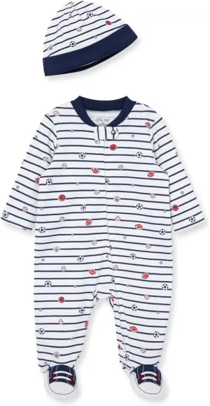 Little Me Baby Boy Clothes 2-Piece Baby Sleeper and Cap Set, 100% Cotton Footies Baby Essentials, Preemie to 9 Months