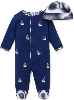 Little Me Baby Boy Clothes 2-Piece Baby Sleeper and Cap Set, 100% Cotton Footies Baby Essentials, Preemie to 9 Months