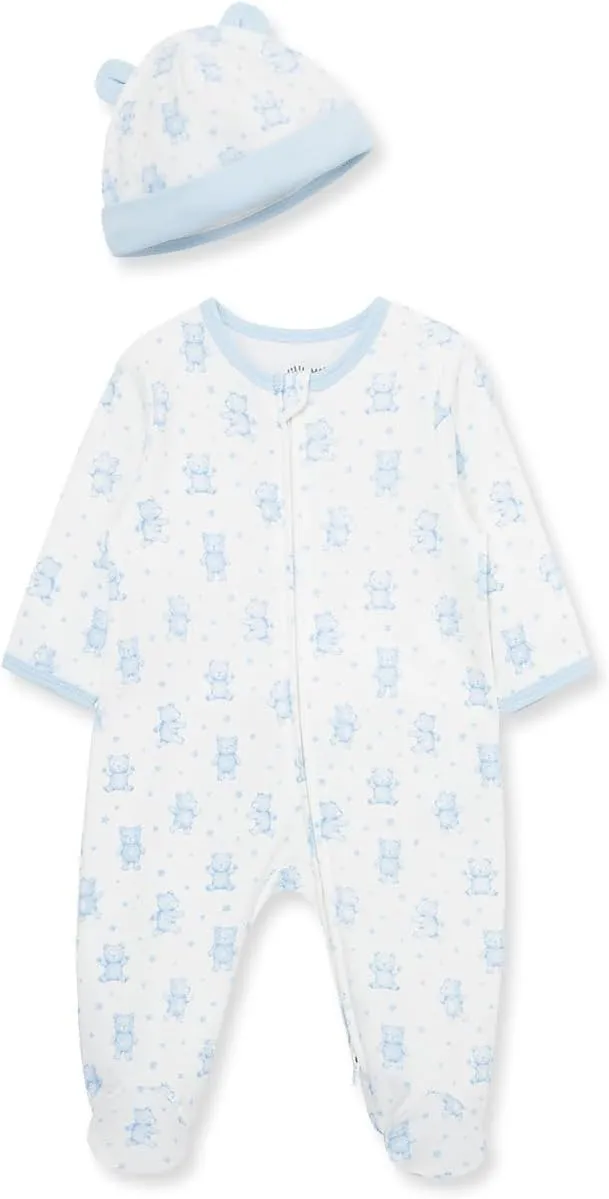 Little Me Baby Boy Clothes 2-Piece Baby Sleeper and Cap Set, 100% Cotton Footies Baby Essentials, Preemie to 9 Months