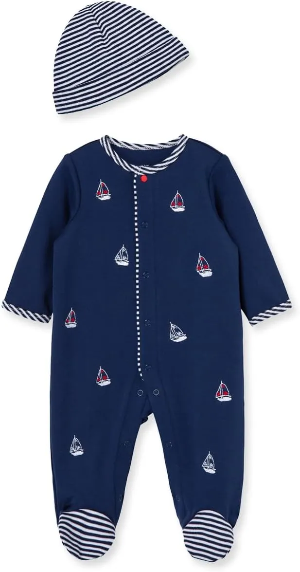 Little Me Baby Boy Clothes 2-Piece Baby Sleeper and Cap Set, 100% Cotton Footies Baby Essentials, Preemie to 9 Months