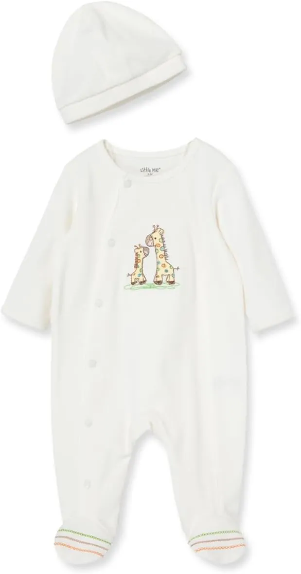 Little Me Gender Neutral Clothes for Baby 2-Piece 100% Cotton Scratch-Free Tag Footie Sleeper and Cap Sets, Preemie to 9M