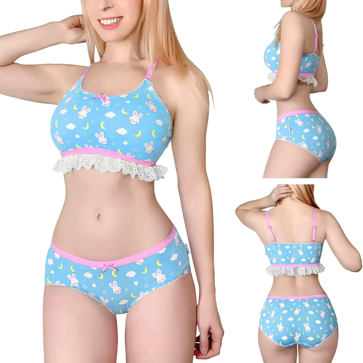 Littleforbig Lacy Trim Women Nightwear Strap Sleepwear Cami Top Shorts Lingerie bralette loungewear Set - Snuggle Bunny