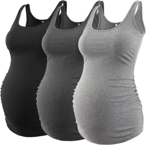 Liu & Qu Maternity Tank Tops Rib Side-Shirred Sleeveless Pregnancy Basic Shirt 3-Pack