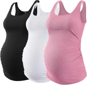 Liu & Qu Maternity Tank Tops Rib Side-Shirred Sleeveless Pregnancy Basic Shirt 3-Pack