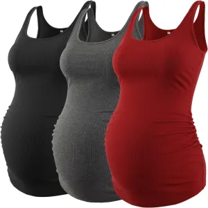 Liu & Qu Maternity Tank Tops Rib Side-Shirred Sleeveless Pregnancy Basic Shirt 3-Pack