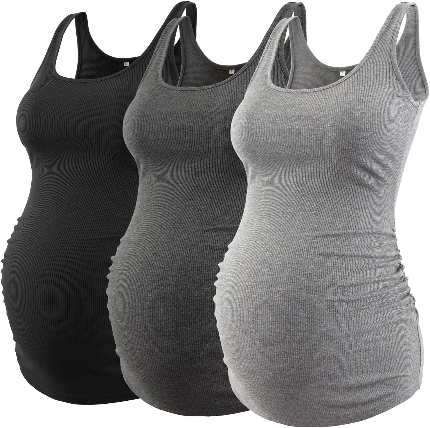 Liu & Qu Maternity Tank Tops Rib Side-Shirred Sleeveless Pregnancy Basic Shirt 3-Pack
