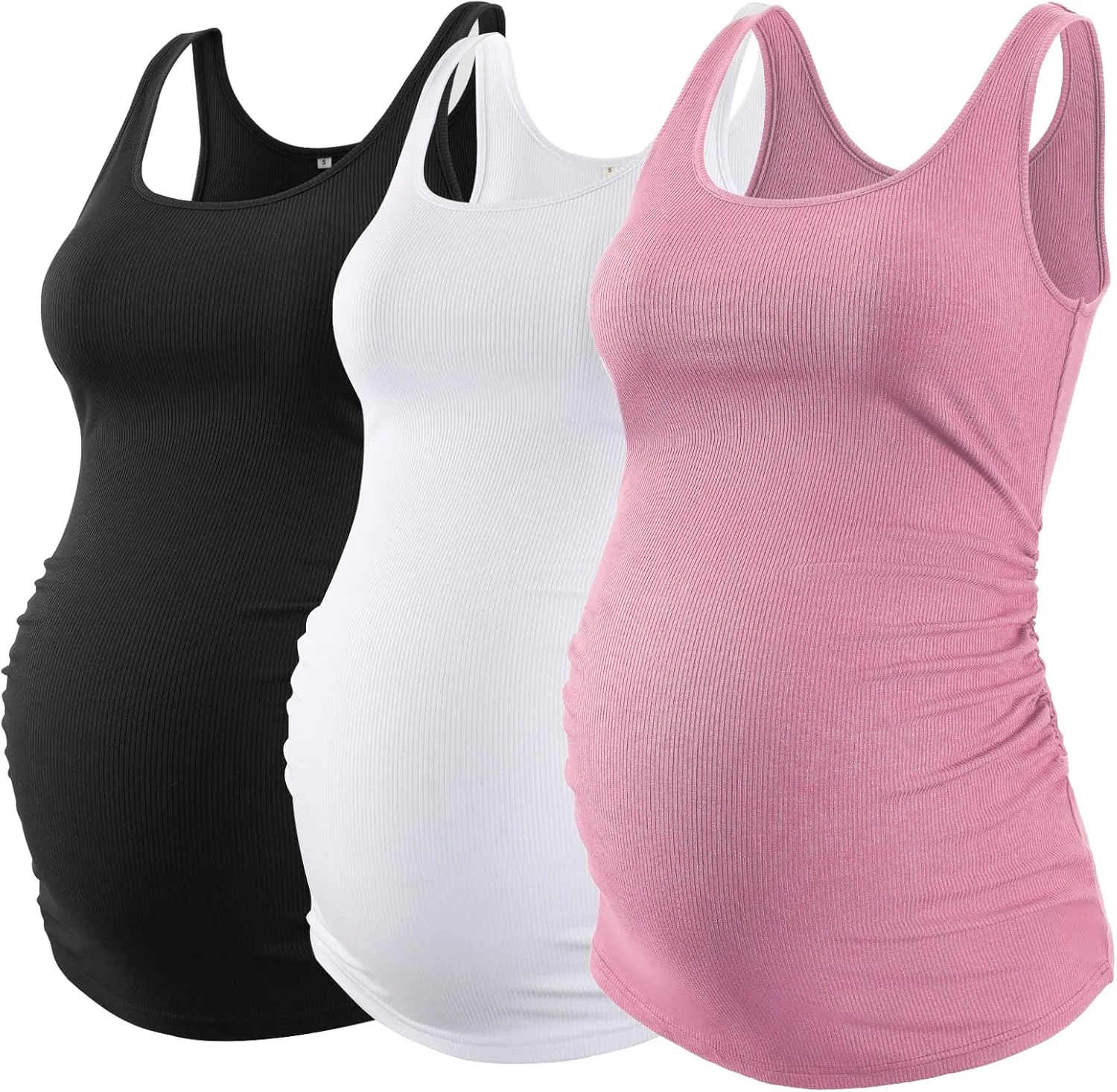 Liu & Qu Maternity Tank Tops Rib Side-Shirred Sleeveless Pregnancy Basic Shirt 3-Pack