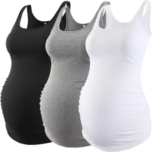 Liu & Qu Maternity Tank Tops Rib Side-Shirred Sleeveless Pregnancy Basic Shirt 3-Pack