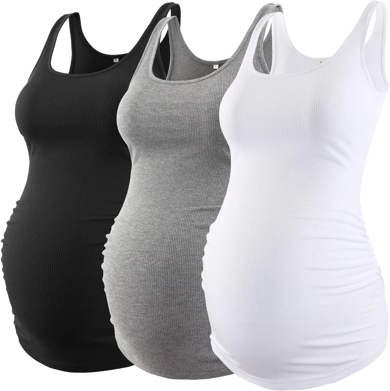 Liu & Qu Maternity Tank Tops Rib Side-Shirred Sleeveless Pregnancy Basic Shirt 3-Pack