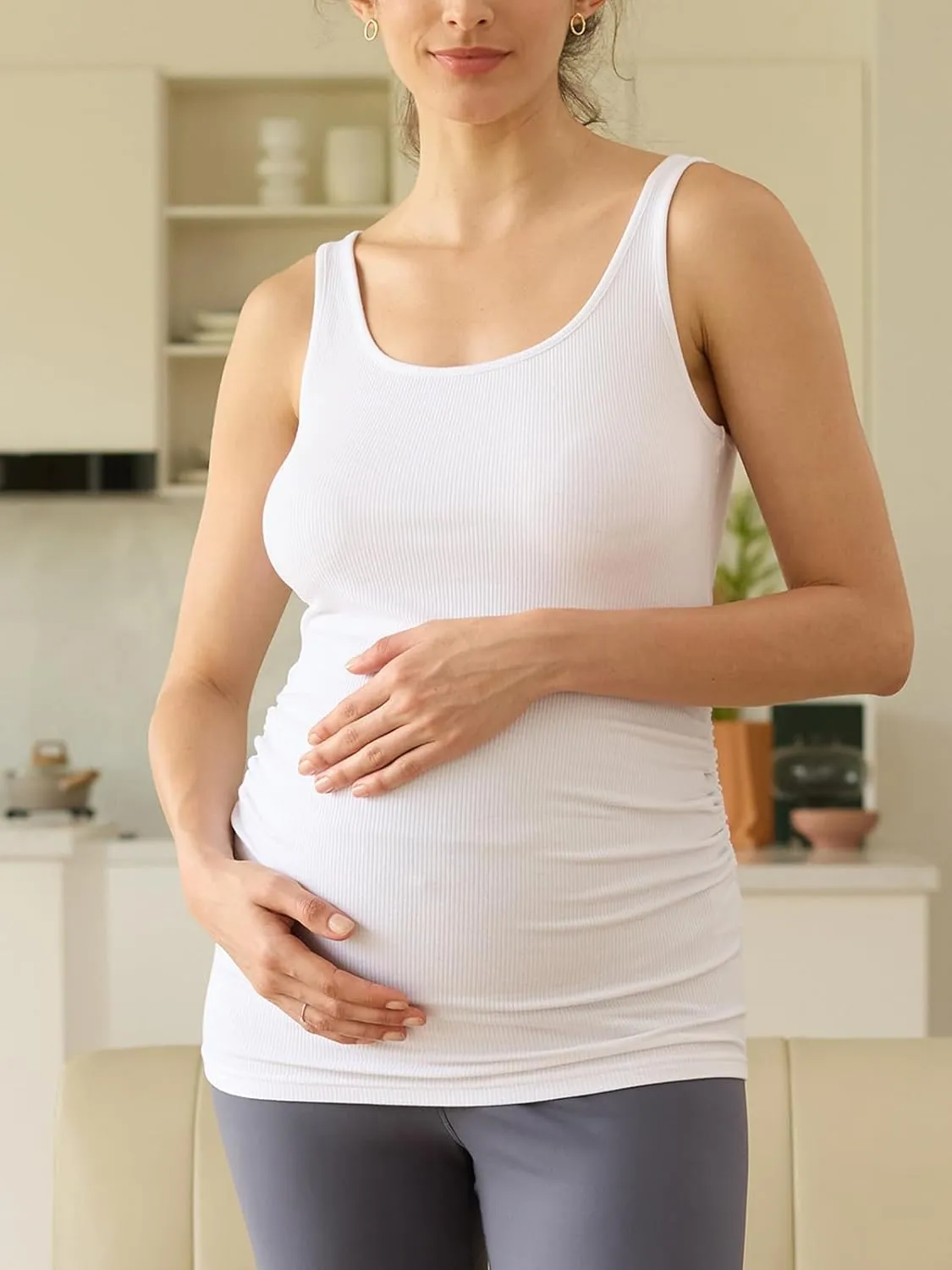 Liu & Qu Maternity Tank Tops Rib Side-Shirred Sleeveless Pregnancy Basic Shirt 3-Pack