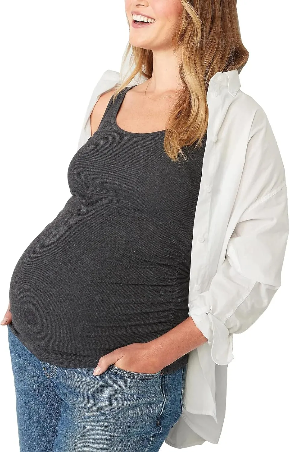 Liu & Qu Maternity Tank Tops Rib Side-Shirred Sleeveless Pregnancy Basic Shirt 3-Pack