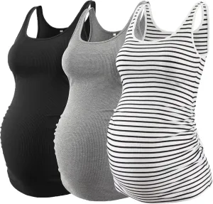 Liu & Qu Maternity Tank Tops Rib Side-Shirred Sleeveless Pregnancy Basic Shirt 3-Pack