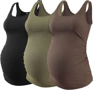 Liu & Qu Maternity Tank Tops Rib Side-Shirred Sleeveless Pregnancy Basic Shirt 3-Pack