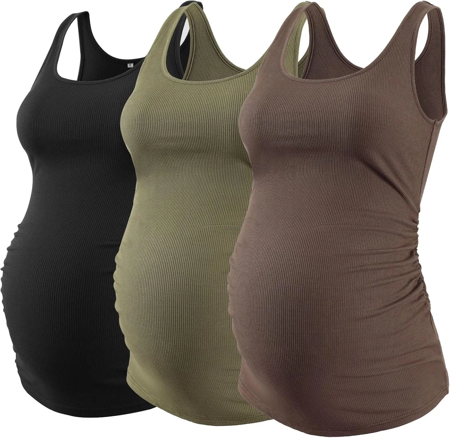 Liu & Qu Maternity Tank Tops Rib Side-Shirred Sleeveless Pregnancy Basic Shirt 3-Pack
