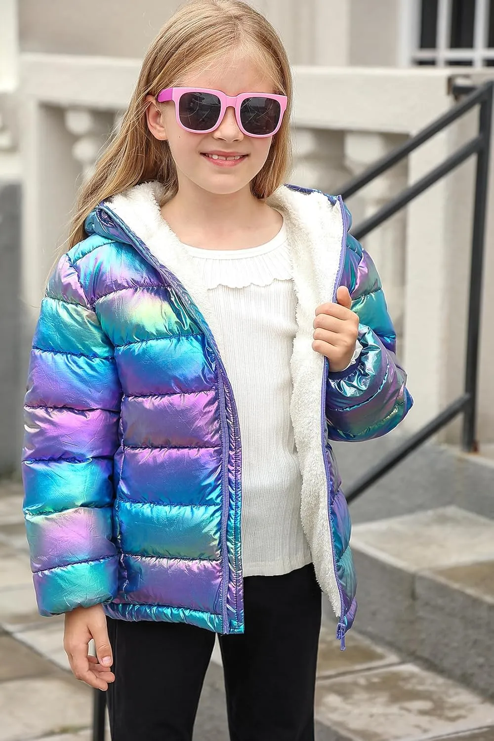 Lovekider 4-12 Years Girls Metallic Shine Hooded Puffer Jacket Packable Warmth Padded Winter Coat