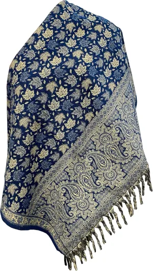 LUXURY YAK WOOL VINTAGE LEAF DARK BLUE COLOR SCARF OVERSIZE YOGA Blanket stole unisex Travel Wrap STUDY BLANKET