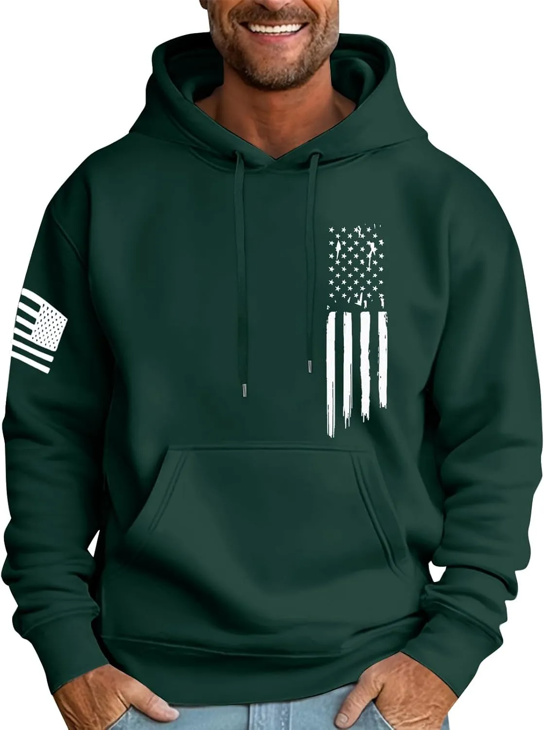 Men's Big and Tall Hoodie Causal Long Sleeve Drawstring Hooded Sweatshirts Trendy American Flag Print Pullover Tops