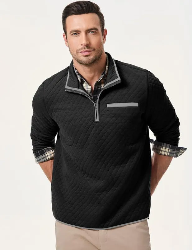 Men's Fall Quarter Zip Long Sleeve Quilted Sweatshirts Mock Neck Color Block Casual Pullover Sweaters