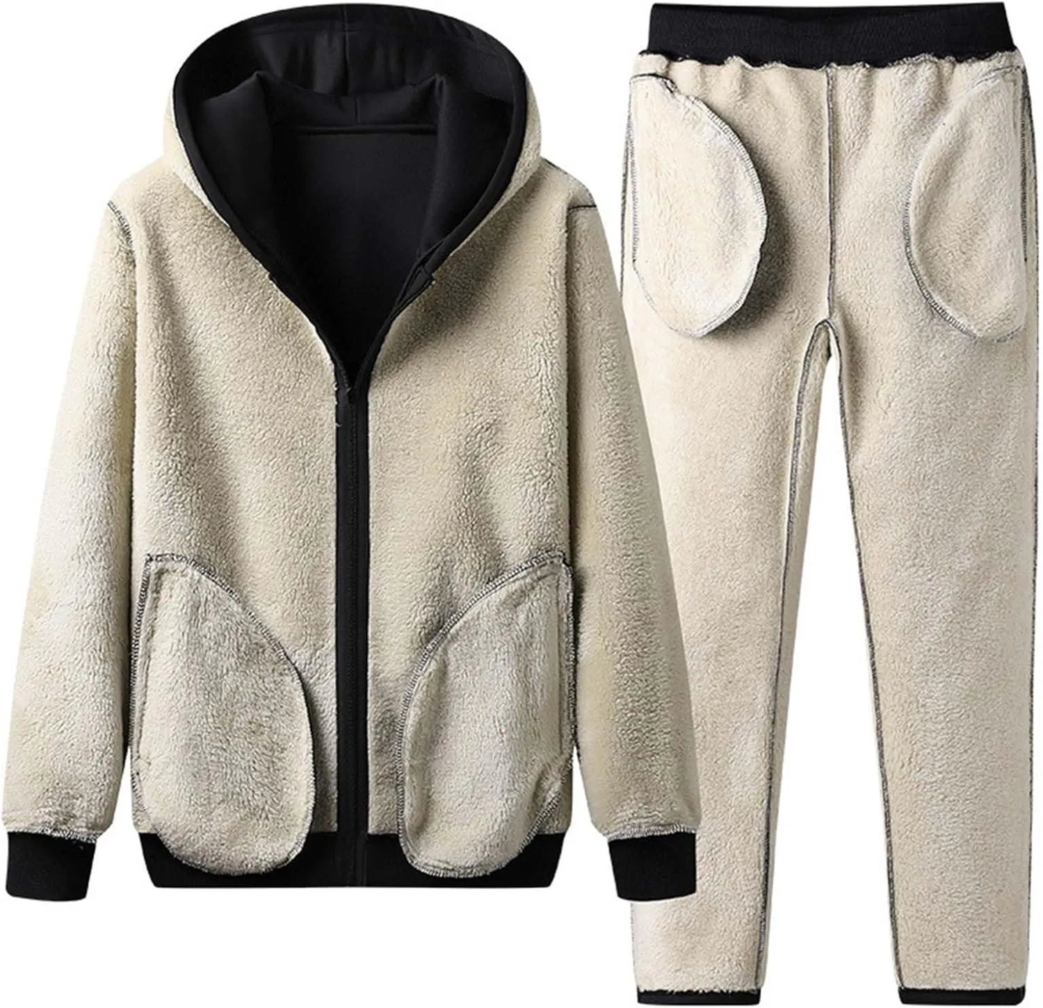 Mens Fleece Lined Sherpa Hoodie Set Sweatshirt and Jogger Pants Outfit Winter Warmth Soft Breathable Cozy Loungewear