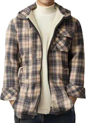 Men's Full Zip Fleece Flannel Jacket Hooded Flannel Shirt Jacket Lined Sherpa Fleece Warmth for Fall Winter Cozy Outerwear