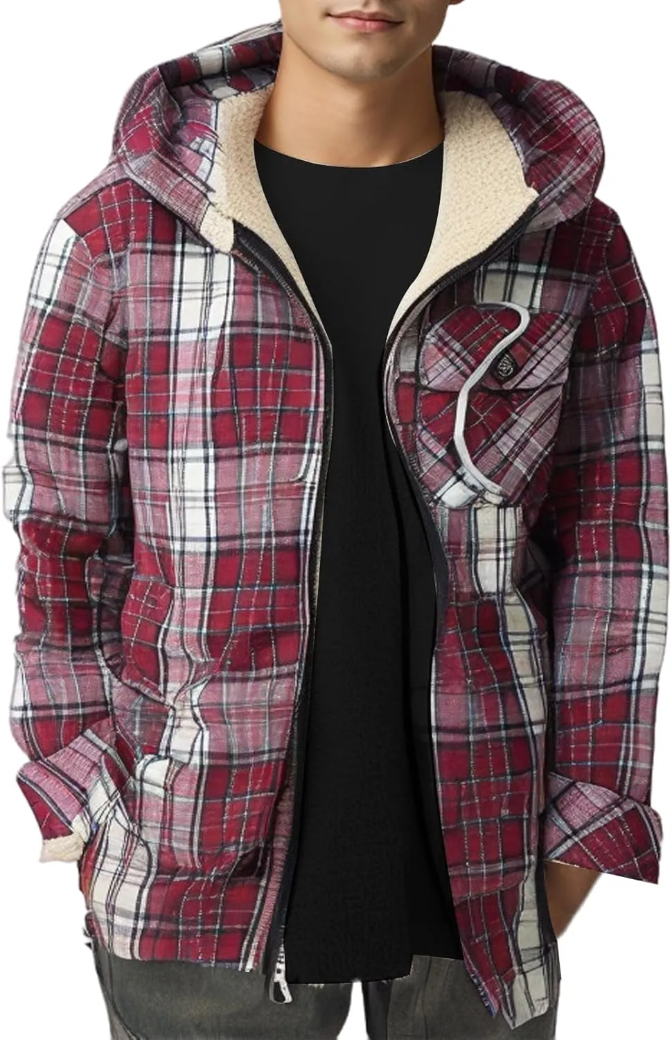 Men's Full Zip Fleece Flannel Jacket Hooded Flannel Shirt Jacket Lined Sherpa Fleece Warmth for Fall Winter Cozy Outerwear