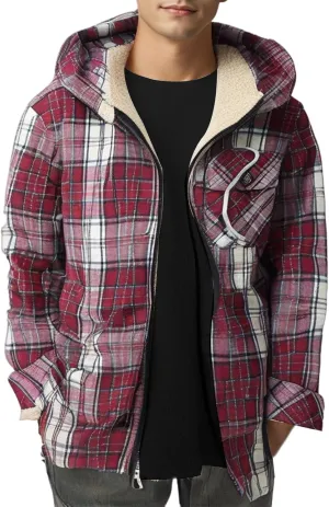 Men's Full Zip Fleece Flannel Jacket Hooded Flannel Shirt Jacket Lined Sherpa Fleece Warmth for Fall Winter Cozy Outerwear