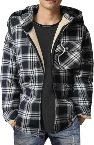Men's Full Zip Fleece Flannel Jacket Hooded Flannel Shirt Jacket Lined Sherpa Fleece Warmth for Fall Winter Cozy Outerwear