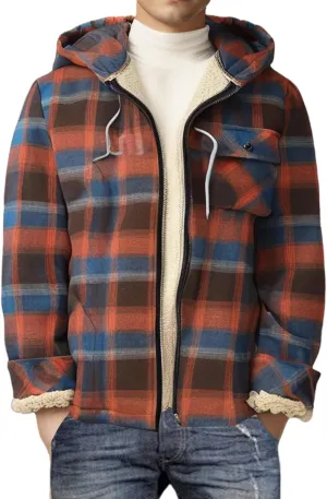 Men's Full Zip Fleece Flannel Jacket Hooded Flannel Shirt Jacket Lined Sherpa Fleece Warmth for Fall Winter Cozy Outerwear