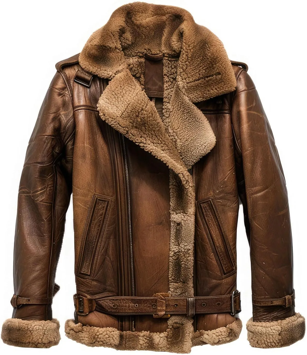 Men's Genuine Sheepskin Brown Leather Aviator B3 Bomber Jacket, Sherpa Lined, Winter Warmth, Distressed Look
