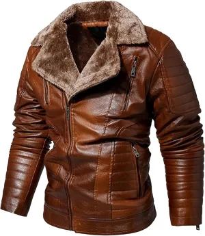 Men's Moto Winter Leather Jacket Male Winter Warmth Biker PU Outwear Retro Punk Lapel Sherpa Lined Leathers Coat