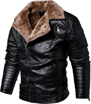 Men's Moto Winter Leather Jacket Male Winter Warmth Biker PU Outwear Retro Punk Lapel Sherpa Lined Leathers Coat