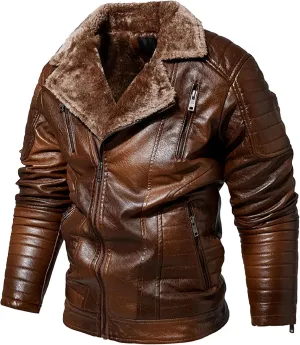 Men's Moto Winter Leather Jacket Male Winter Warmth Biker PU Outwear Retro Punk Lapel Sherpa Lined Leathers Coat