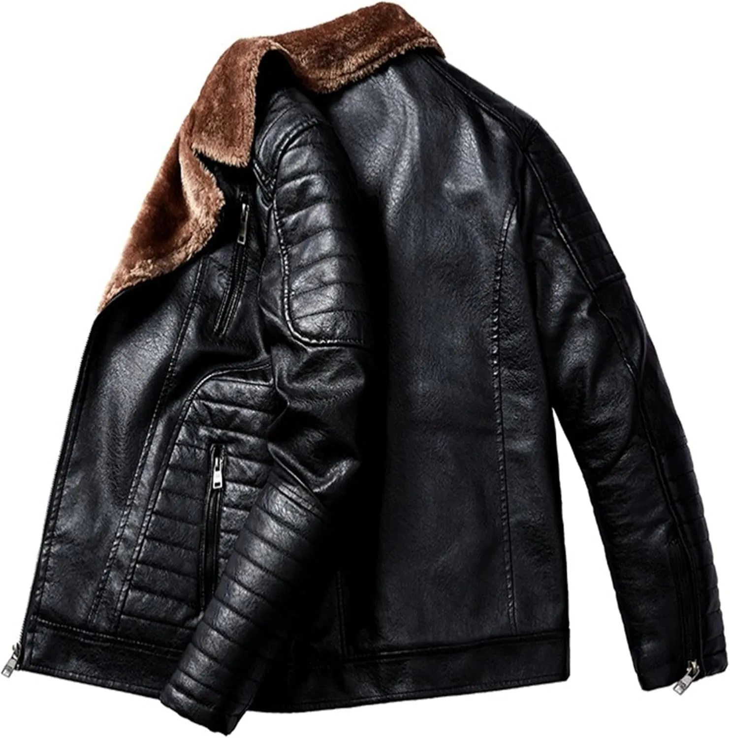 Men's Moto Winter Leather Jacket Male Winter Warmth Biker PU Outwear Retro Punk Lapel Sherpa Lined Leathers Coat