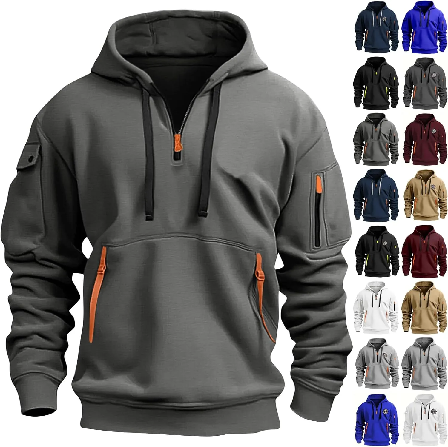 Mens Quarter Zip Pullover Mens Hoodies Quarter Zip Pullover Warm Fleece Workout Tactical Hoodie Big and Tall Hooded Sweatshirt Zipper Pockets Men's Zip Up Hoodie Mens Winter Clothes Dark Gray
