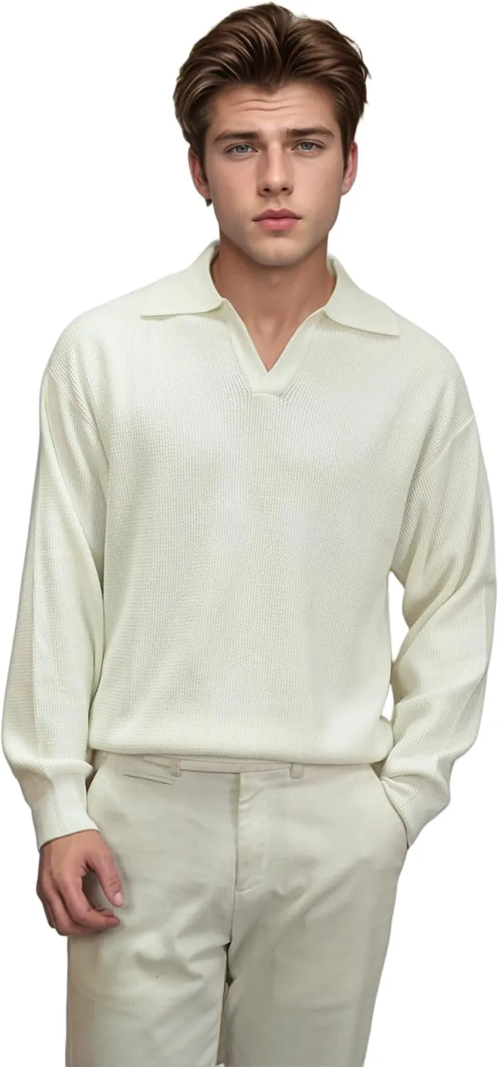 Men's V-Neck Knit Polo Sweater Long Sleeve Soft Slim Fit Pullover Top for Business Casual Office Wear